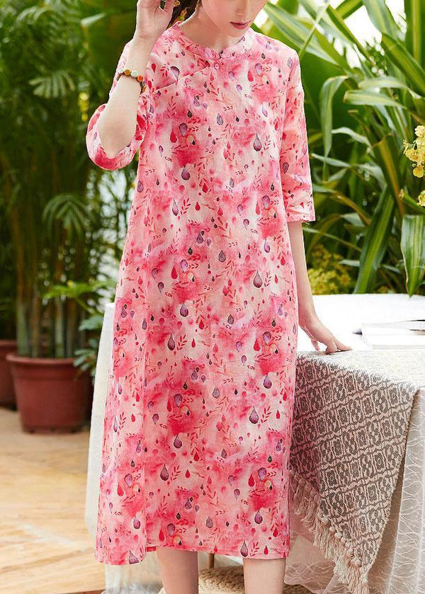 French red print linen Wardrobes stand collar patchwork Robe summer Dresses