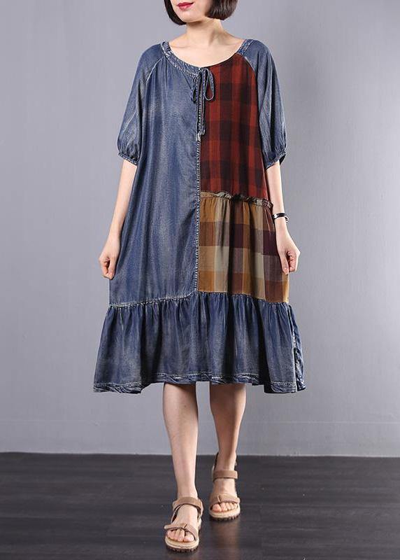 Women Cotton Tunics Indian Vintage Plaid Spliced Denim A-Line Dress