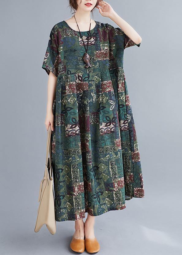 Women o neck Cinched clothes Catwalk green Plant printing Dress