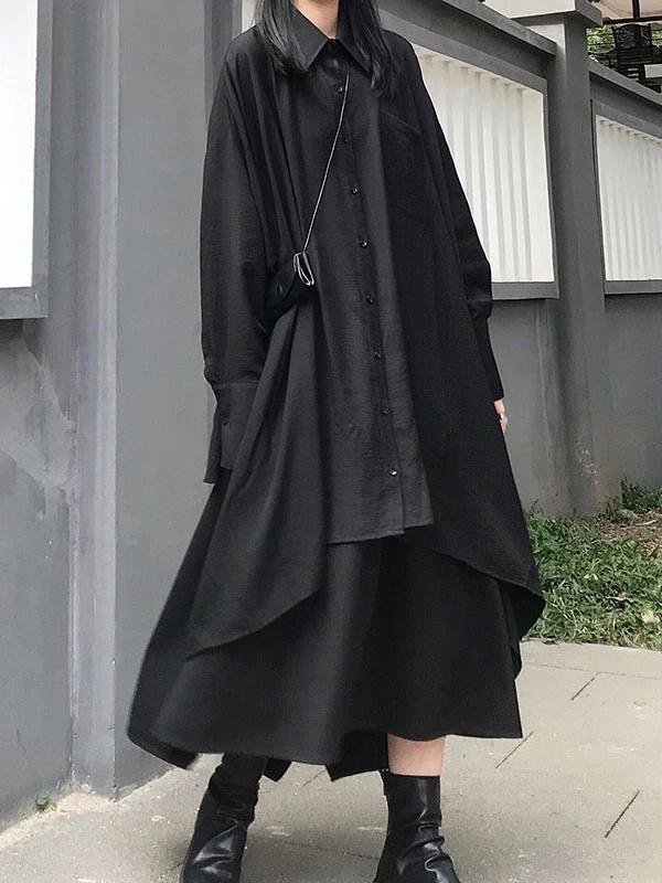 Chic lapel asymmetric cotton spring for women black A Line shirt Dresses