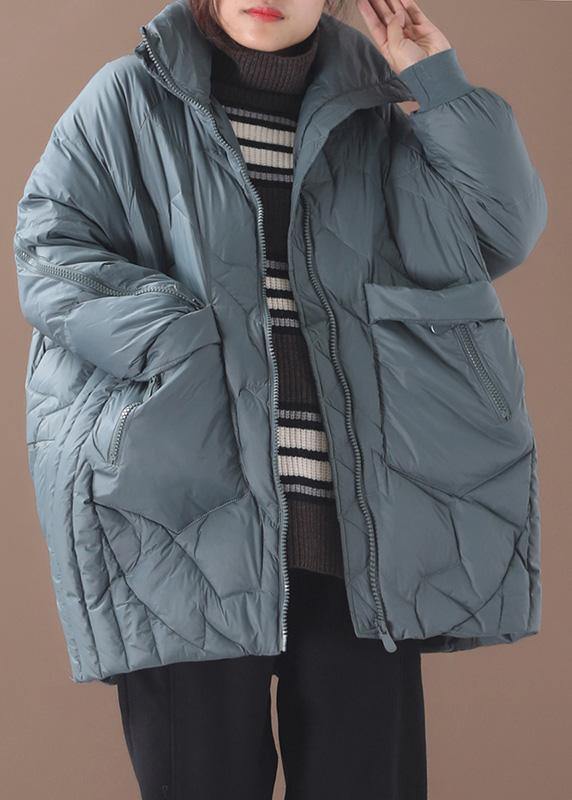 Luxury green duck down coat plus size clothing stand collar down jacket zippered Elegant overcoat