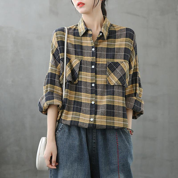 Modern lapel Button Down fall Tunic Tutorials yellow plaid blouse