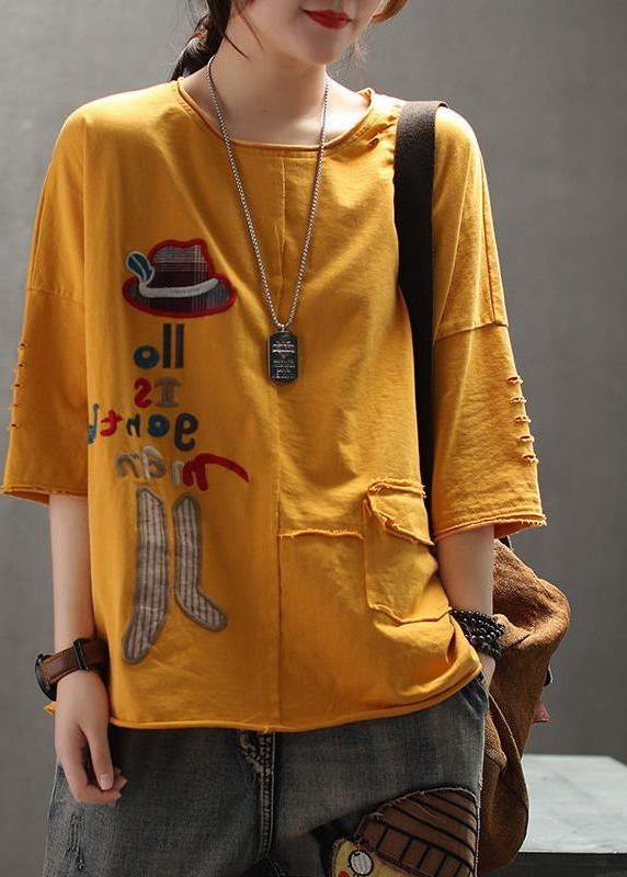 Modern yellow cotton clothes For Women Organic Embroidery Letter Summer Drop Shoulder Sleeve T-Shirt