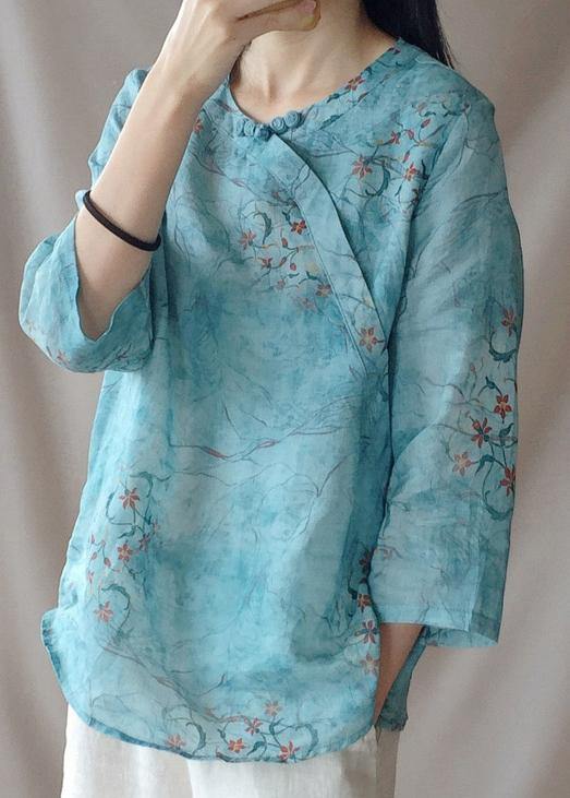 Loose O Neck Half Sleeve Shirts Blue Print Shirt