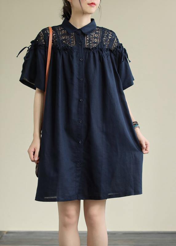 Chic navy linen dress lapel patchwork hollow out daily summer Dress