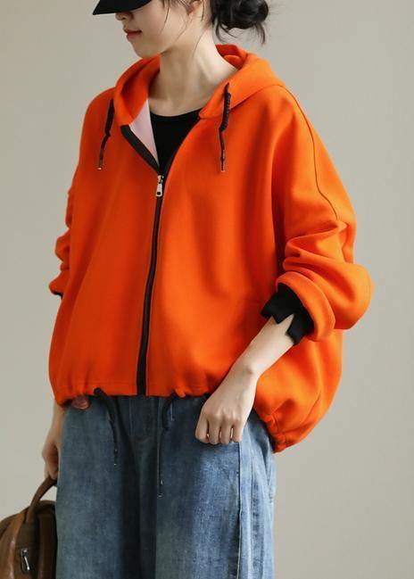 Bohemian hooded zippered tops women Neckline orange shirt