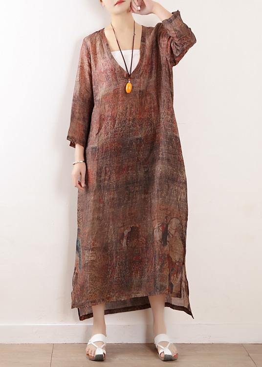 Beautiful chocolate print linen clothes For Women v neck side open Maxi Dresses