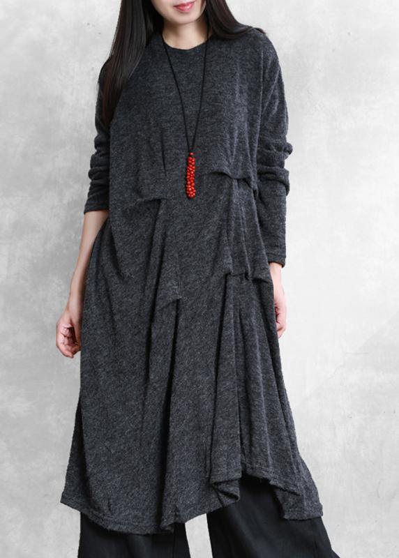 Women dark gray Cotton tunic dresses metric Cinched Art Dress