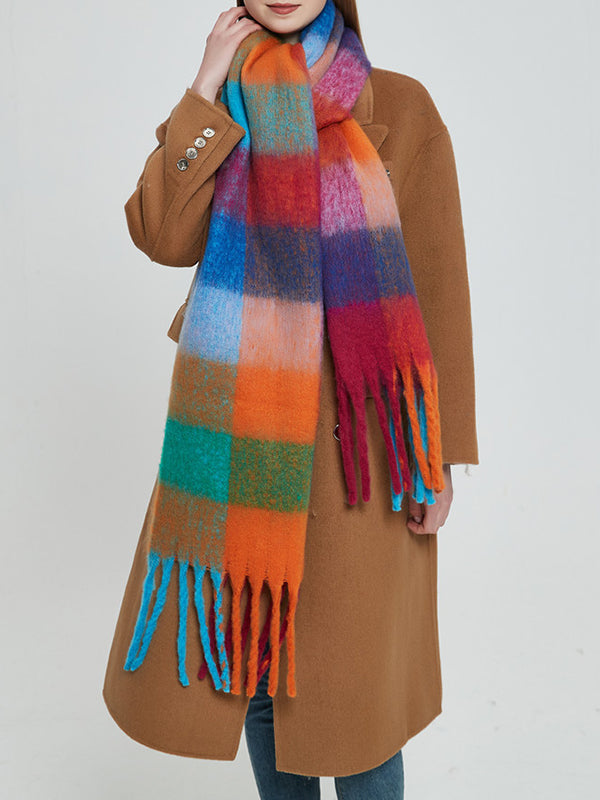 Thick Keep Warm Multi-Colored Plaid Tasseled Shawl&Scarf