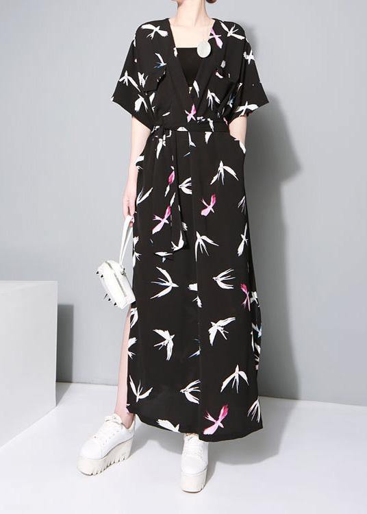 Vivid black prints chiffon clothes side open Traveling summer Dresses