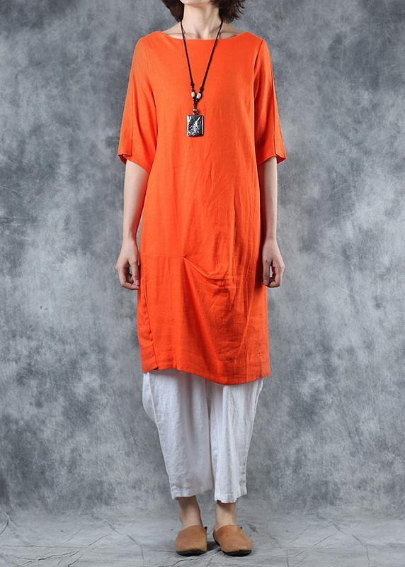 Unique orange linen tops women cotton o neck mid long tops