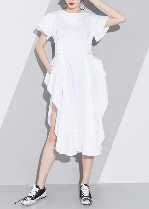 Women white Cotton tunic pattern short sleeve loose asymmetric sundress Dress