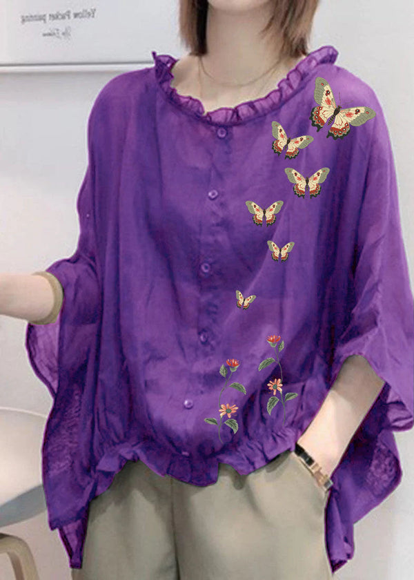 Art Purple butterfly Tops Ruffles Trim Half Sleeve Shirts Blouse Plus Size