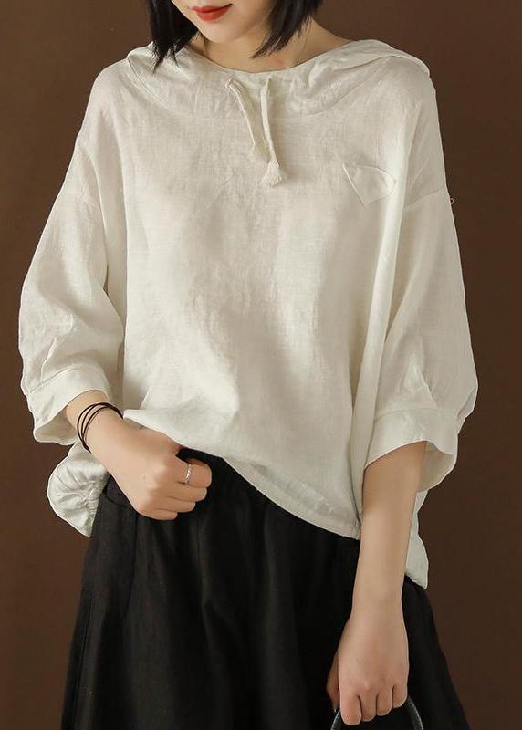 Unique Blouse Indian Linen Summer Literary White Hooded Three Quarter Sleeve T-shirt