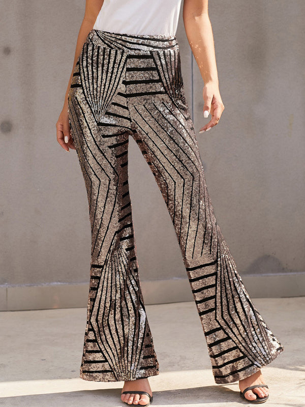 Flared Pants High Waisted Contrast Color Striped Sequined Pants