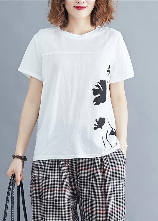 Loose white print cotton for women o neck daily summer tops