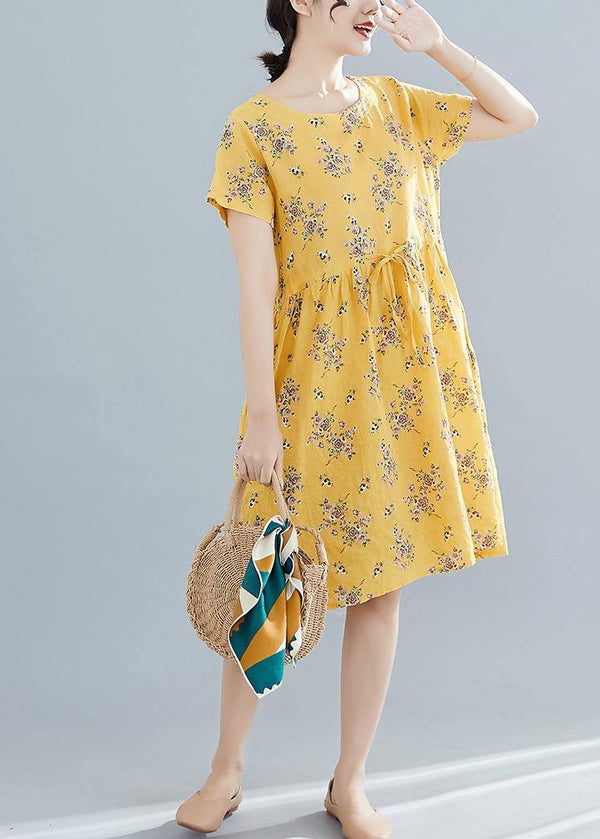 Beautiful yellow print Cotton Tunics o neck drawstring summer Dresses