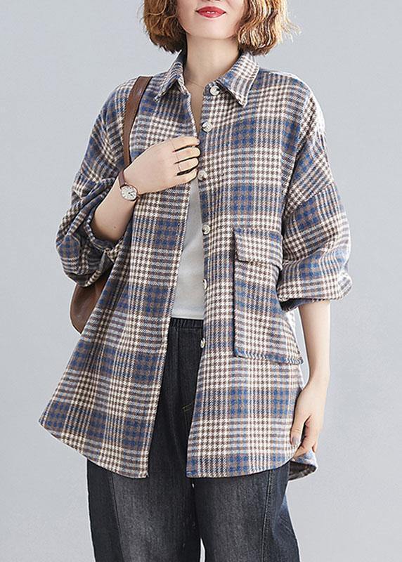 Natural blue plaid linen Blouse Fashion Ideas lapel Batwing Sleeve tops