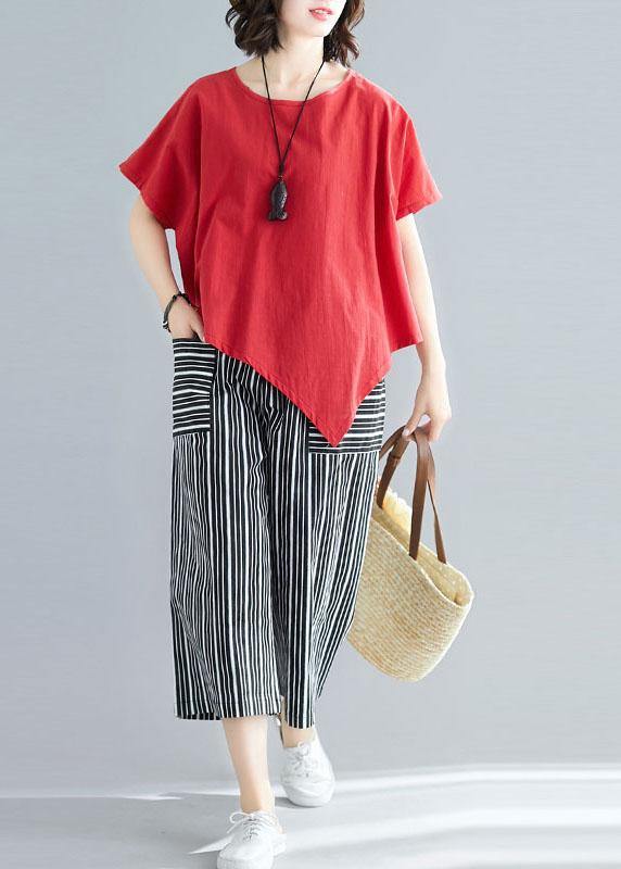 women new red casual asymmetric hem tops and striped crop pants