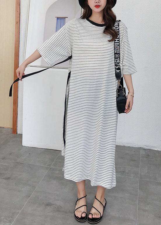 Modern striped cotton tunic pattern tie waist Robe summer Dress