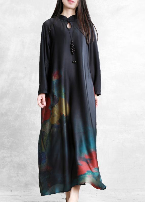 DIY black print Robes stand collar Chinese Button Dress