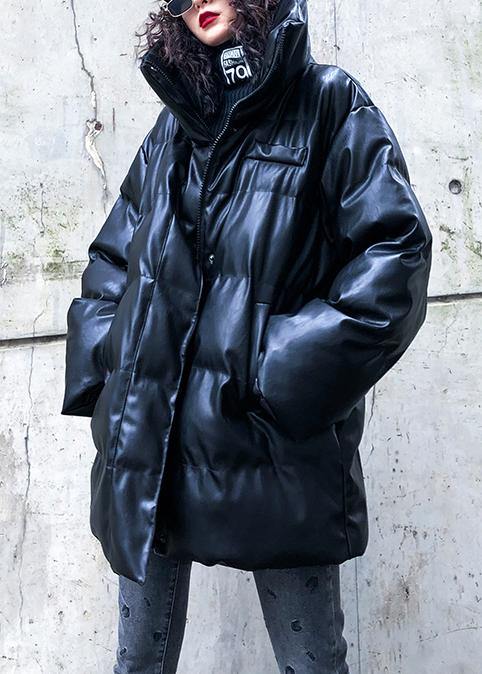 Fine black outwear plus size down jacket high neck zippered overcoat