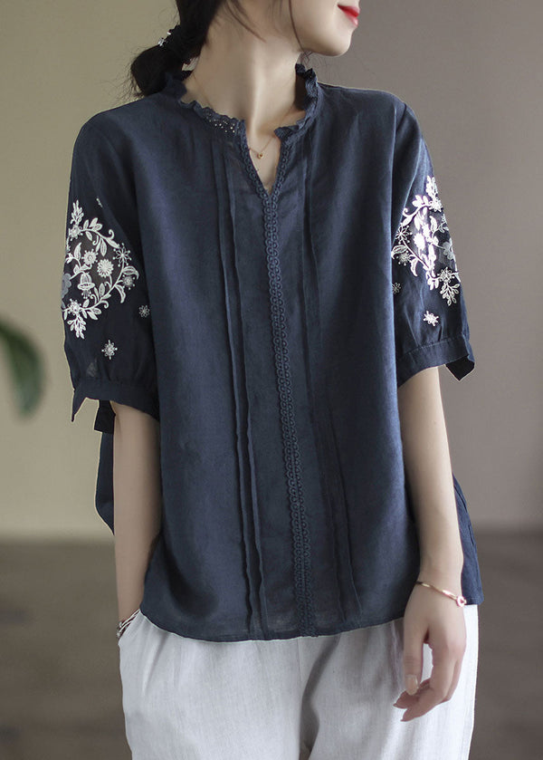 Navy Baggy Linen Blouses Wrinkled Embroidered Short Sleeve