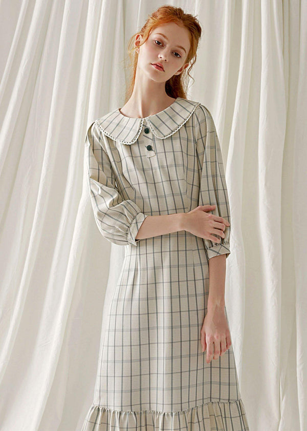 Unique light nude plaid blended clothes ruffles hem cotton robes fall Dresses