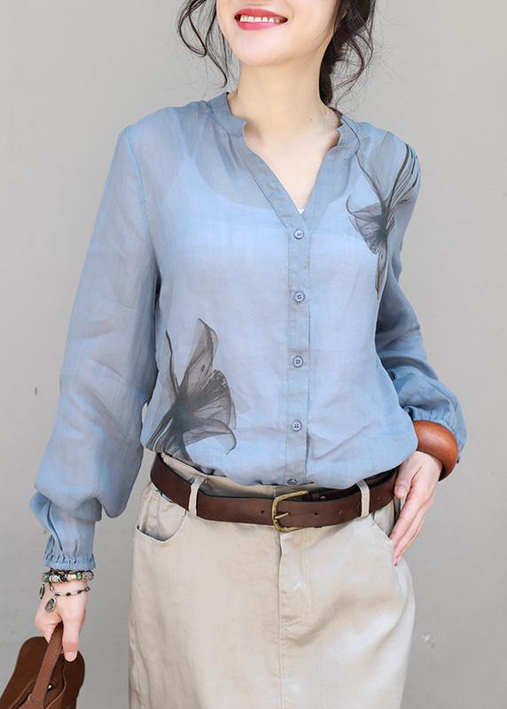 Organic v neck linen tops women blouses Sleeve blue print top