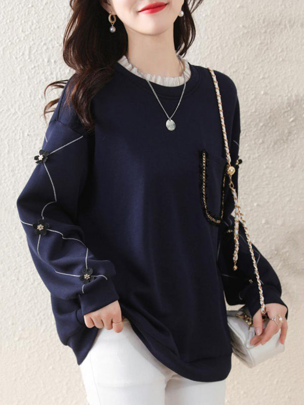 Long Sleeves Loose Chains Pockets Ruffled Split-Joint Three-Dimensional Flower Round-Neck T-Shirts Tops