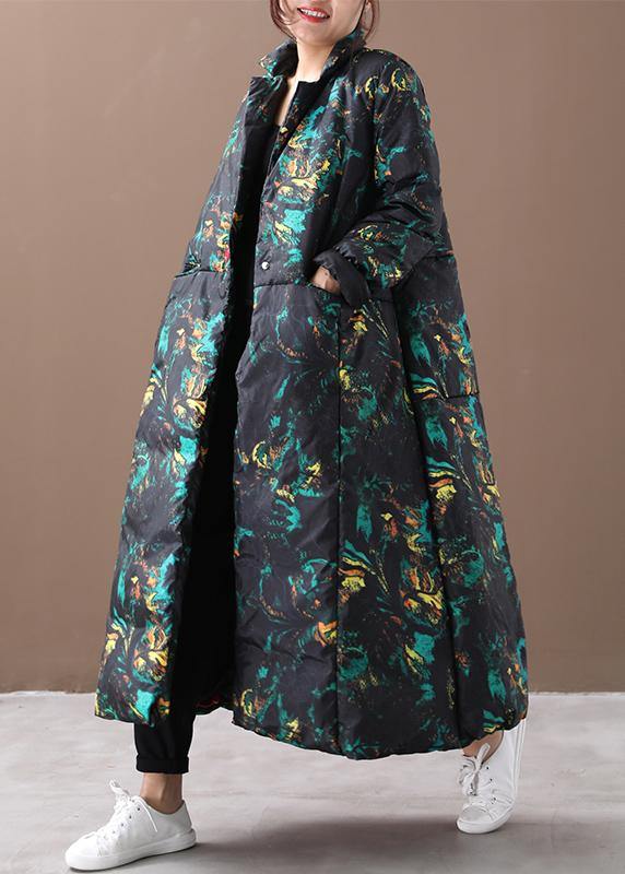 Warm floral winter coat oversize stand collar large hem goose down coats