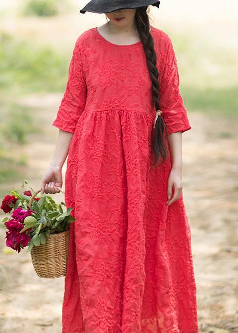 Elegant O Neck Half Sleeve Summer Outfit Neckline Red Embroidery Robes Dresses