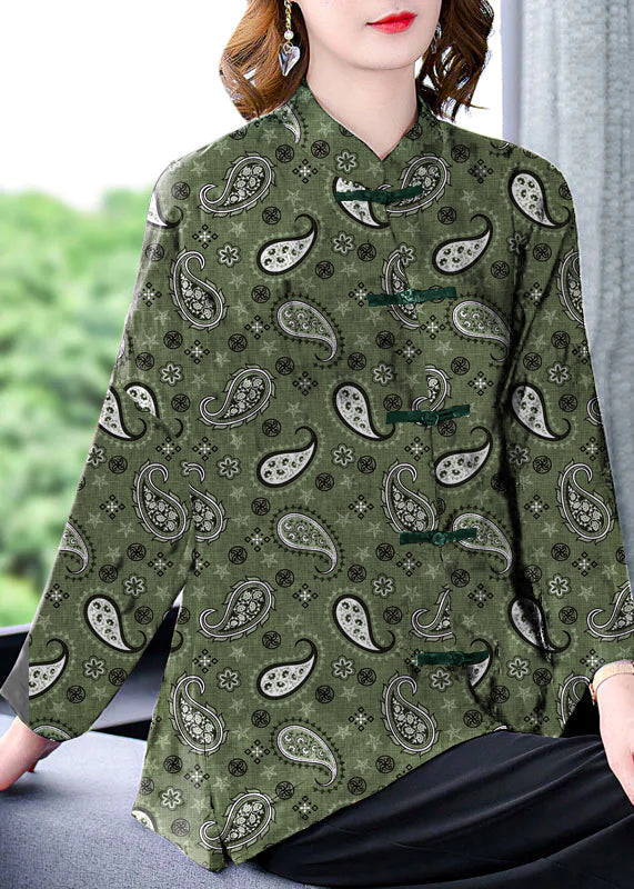 Original Green-Cashew Mandarin Collar Button Floral Print Silk Coats Long Sleeve