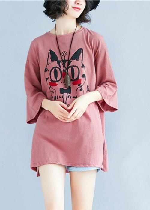 Women red print cotton blouses for women o neck baggy shirt