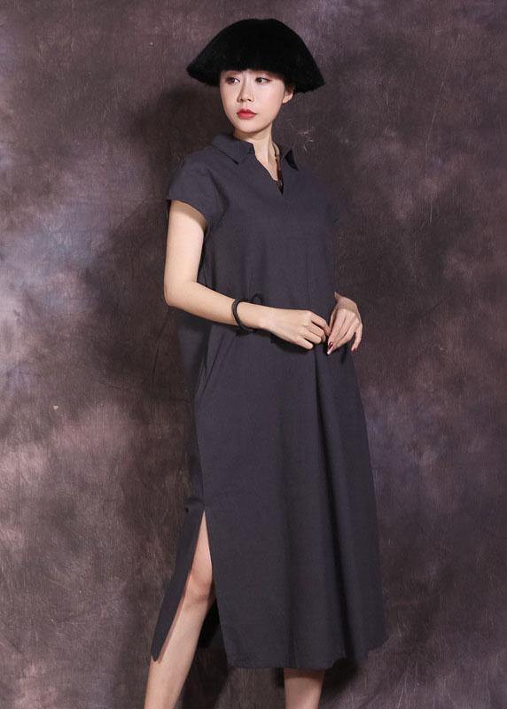 DIY lapel collar linen cotton dress Work Outfits black side open Dress summer