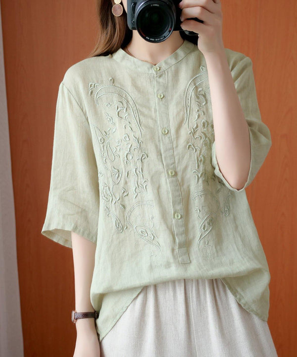 Bohemian green clothes For Women stand collar embroidery silhouette top