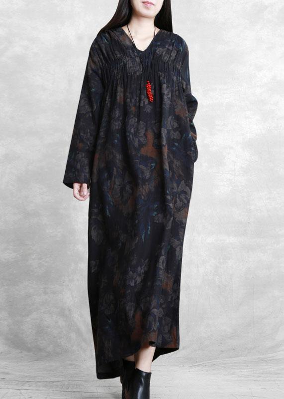 Women v neck Cinched clothes For Women Catwalk black print Robe Dresses