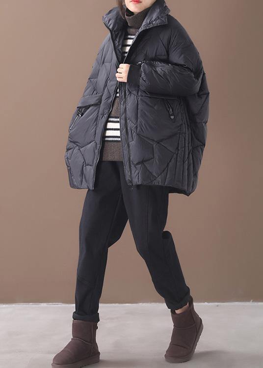 Warm plus size down jacket stand collar black zippered duck down coat