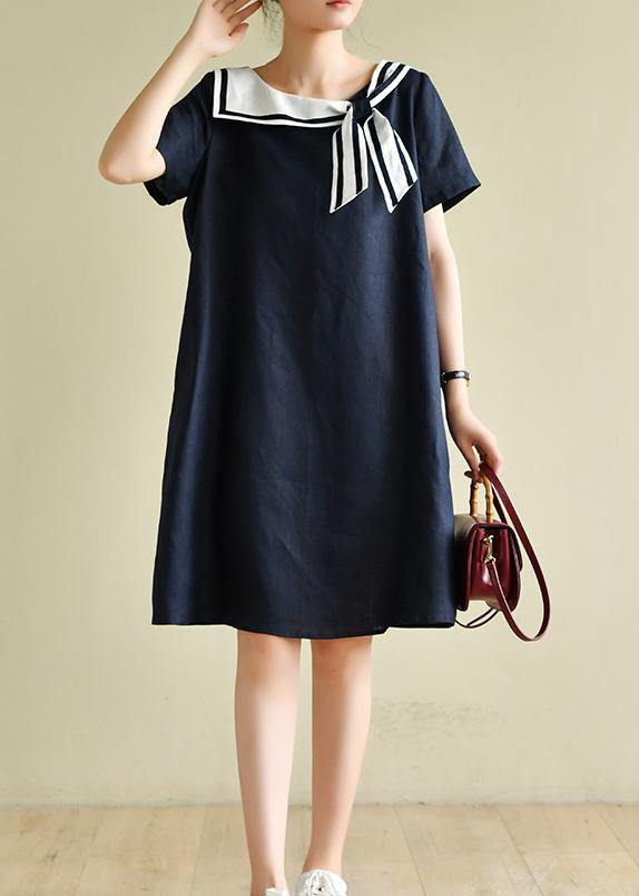 Casual navy style collar short sleeve mid-length dress