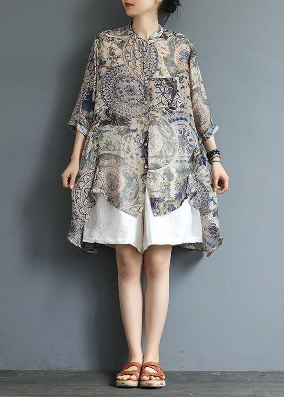 Chic cotton tunic top Korea Retro Printed High Low Hem Comfortable Blouse