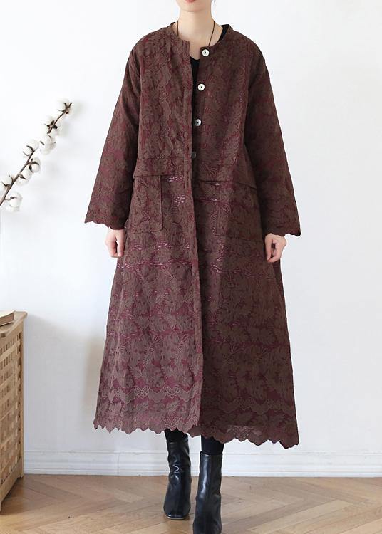 Luxury chocolate women coats oversize warm winter coat o neck Jacquard outwear