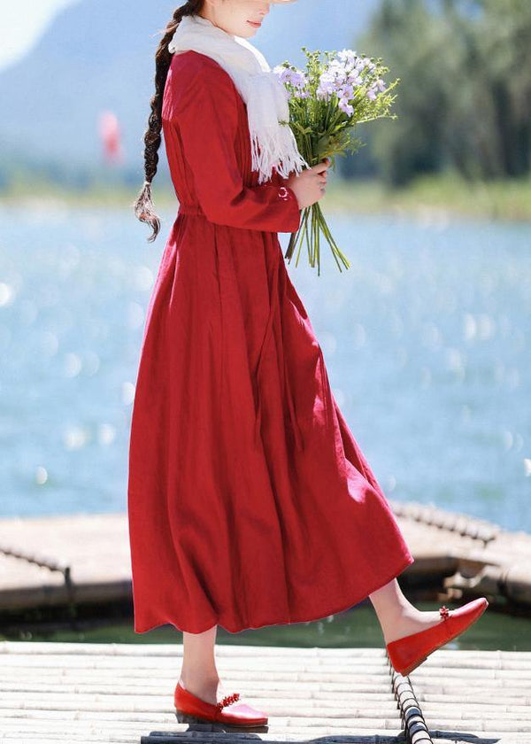 Elegant Red Quilting Clothes O Neck Drawstring Kaftan Spring Dresses