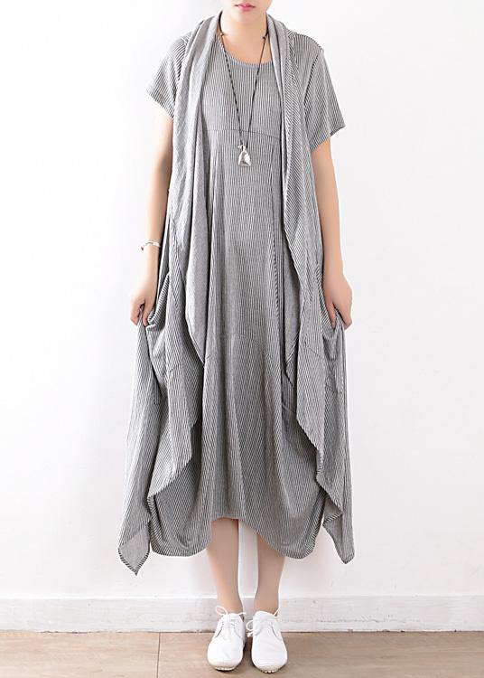 summer new gray original design striped dress long dresses and vest outside wearing casual suit