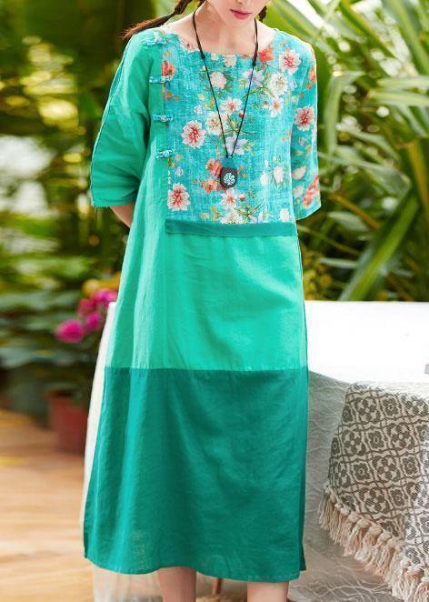 Unique o neck patchwork linen clothes For Women Outfits green print Dress summer