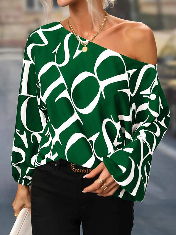 Long Sleeves Loose Asymmetric Letter Print One-Shoulder Blouses&Shirts Tops
