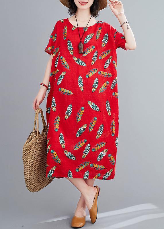 Simple o neck linen clothes For Women Runway red Feather print Dresses