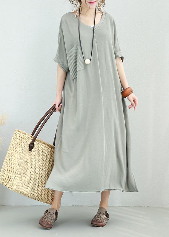 Women v neck linen dress Shirts light gray Dress side open summer