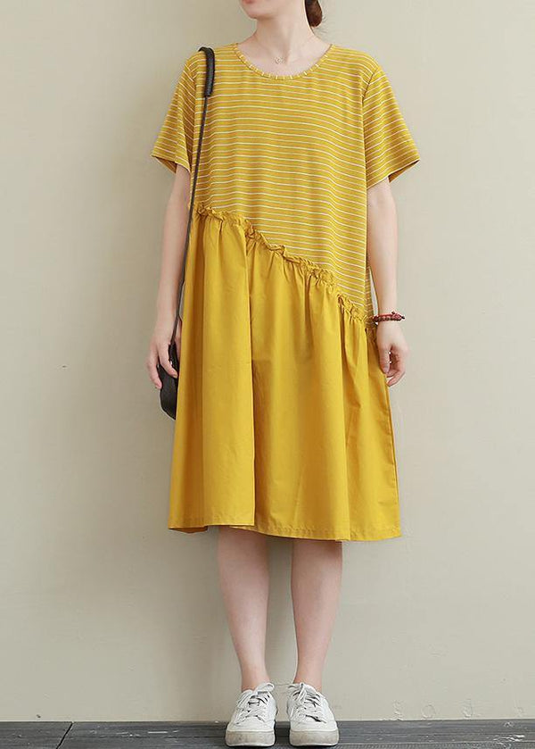 DIY yellow striped Cotton dress o neck patchwork tunic Dress