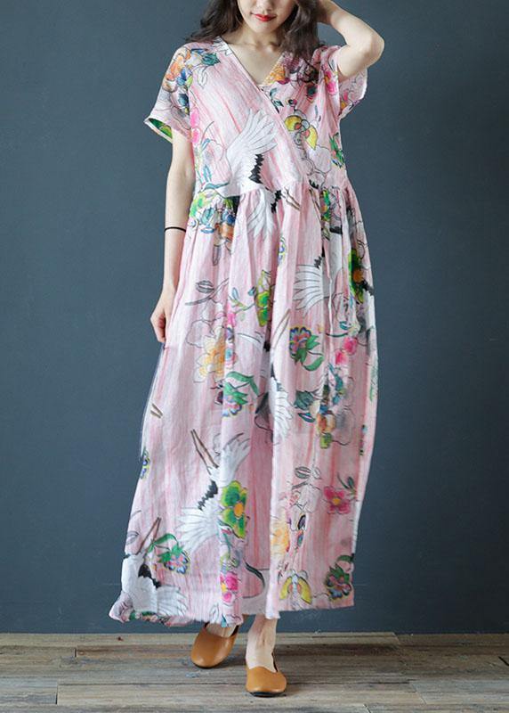 Women v neck Cinched linen Robes Fashion Ideas pink print Dress