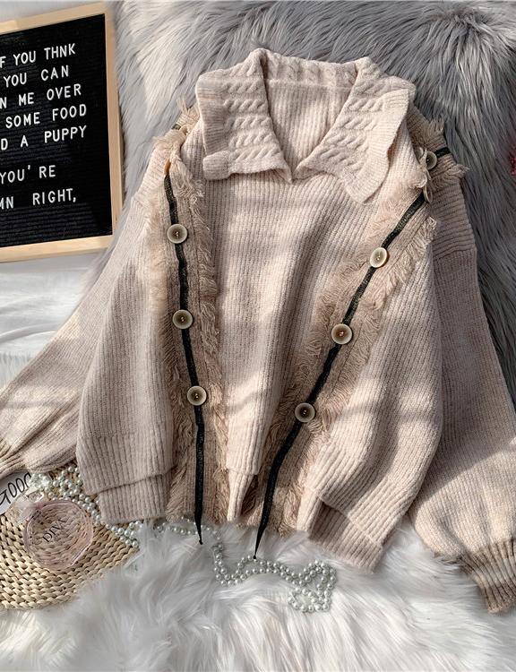 Pullover beige crane tops lapel asymmetric plus size knitted blouse